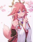  1girl amco animal_ears bare_shoulders fox_ears fox_tail genshin_impact hair_ornament hair_over_one_eye highres japanese_clothes miko pink_hair solo tail violet_eyes wide_sleeves yae_(genshin_impact) 