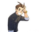  1boy ace_attorney antenna_hair apollo_justice black_jacket bracelet brown_eyes brown_hair buttons chinese_commentary commentary_request forehead godzillapigeon1 hand_on_own_head hand_up jacket jewelry looking_to_the_side male_focus phoenix_wright:_ace_attorney_-_spirit_of_justice short_hair simple_background sleeves_rolled_up solo sweat upper_body white_background 