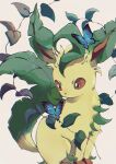  animal_focus bug butterfly commentary grey_background highres leaf leafeon looking_to_the_side no_humans ntakehisa plant pokemon pokemon_(creature) sitting vines yellow_fur 