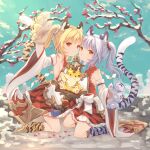  2girls animal_ears animal_hands animal_print bai_(granblue_fantasy) blonde_hair blush cidala_(granblue_fantasy) detached_sleeves eyebrows_visible_through_hair fur_trim gloves granblue_fantasy grin highres huang_(granblue_fantasy) laolao_(granblue_fantasy) marekamico medium_hair multiple_girls paw_gloves red_eyes siblings single_glove smile tail tiger_ears tiger_girl tiger_print tiger_tail twins yellow_eyes 