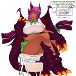 1girl anger_vein blush breasts claws closed_eyes dark-skinned_female dark_skin dragon_girl dragon_horns dragon_wings english_text green_skirt heart horns jabberwock_(monster_girl_encyclopedia) large_breasts looking_at_viewer midriff monster_girl monster_girl_encyclopedia open_mouth pink_hair plump role_play rtil school_uniform second-party_source serafuku shirt short_sleeves simple_background sitting sitting_on_table skirt solo sound_effects speed_lines table taut_clothes taut_shirt thick_thighs thighs white_background white_shirt wings 