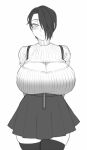  1girl arms_behind_back bangs blush breasts cleavage_cutout clothing_cutout commentary cowboy_shot english_commentary hair_over_one_eye huge_breasts one_eye_covered original ribbed_sweater saya_(twrlare) short_hair simple_background skirt smile solo sweater thigh-highs twrlare white_background zettai_ryouiki 