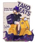  1girl bag bangs black_footwear black_jacket blonde_hair blue_eyes blush commentary english_text full_body ground_vehicle hands_up helmet highres hololive hololive_english jacket long_sleeves looking_at_viewer motor_vehicle multicolored_hair ninomae_ina&#039;nis purple_hair purple_headwear ranyu riding scooter shoes short_shorts shorts sitting solo streaked_hair symbol-only_commentary tako_(ninomae_ina&#039;nis) tentacles uber_eats virtual_youtuber 