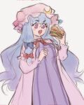  1girl blue_hair burger cowboy_shot crescent crescent_hat_ornament drooling food hand_up hat hat_ornament highres holding holding_food long_hair mob_cap mouth_drool open_mouth patchouli_knowledge simple_background sketch skullchimes solo touhou very_long_hair violet_eyes white_background wide-eyed 