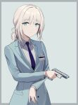  1girl absurdres an-94_(girls&#039;_frontline) aqua_eyes aqua_jacket bangs blazer blonde_hair blue_necktie closed_mouth eyebrows_visible_through_hair girls_frontline gun handgun highres holding holding_gun holding_weapon id_card jacket long_hair looking_at_viewer necktie official_alternate_costume pistol shirt simple_background solo the_void_to_fly upper_body weapon white_shirt 