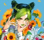  1girl bangs blue_background dekooop earrings eyebrows eyebrows_visible_through_hair eyelashes eyeshadow flower green_eyes green_hair hand_on_own_face jewelry jojo_no_kimyou_na_bouken kujo_jolyne leaf light_blush lips lipstick looking_at_viewer makeup nail_polish petals simple_background smile solo sunflower sweater upper_body white_sweater 