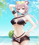  1girl absurdres aiv animal_ears arknights arm_up bangs bare_arms bare_shoulders bikini black_bikini black_choker black_shorts blue_sky breasts choker clouds commentary cowboy_shot day eyewear_on_head food fruit highres large_breasts lin_yuhsia_(arknights) long_hair looking_at_viewer mouse_ears navel open_fly outdoors pink_hair short_shorts shorts single_strap sky smile solo standing stomach sunglasses swimsuit violet_eyes water watermelon 