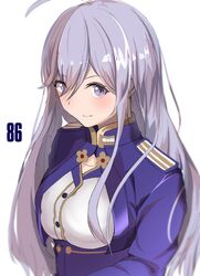  1girl 86_-eightysix- antenna_hair armband bangs blue_eyes blue_jacket blush breasts commentary_request eyebrows_visible_through_hair hair_between_eyes highres jacket long_hair long_sleeves medium_breasts shirt silver_hair simple_background sirasu0658 smile solo upper_body very_long_hair vladilena_millize white_shirt 