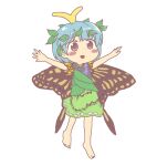  1girl anonymous_(japanese) antennae aqua_hair barefoot blush blush_stickers brown_eyes butterfly_wings dress eternity_larva eyebrows_visible_through_hair fairy full_body green_dress gyate_gyate jaggy_lines leaf leaf_on_head multicolored_clothes multicolored_dress open_mouth outstretched_arms short_hair short_sleeves single_strap smile solo spread_arms touhou transparent_background wings 