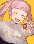  1girl bangs blunt_bangs closed_eyes do_m_kaeru fire_emblem fire_emblem:_three_houses food fruit garreg_mach_monastery_uniform hilda_valentine_goneril holding holding_food holding_fruit long_hair open_mouth pink_hair red_nails simple_background solo strawberry symbol-only_commentary tongue twintails upper_body yellow_background 