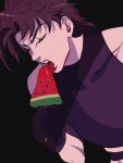  1boy bare_shoulders battle_tendency brown_hair closed_eyes food gloves jojo_no_kimyou_na_bouken jonya joseph_joestar joseph_joestar_(young) licking male_focus midriff popsicle solo tongue tongue_out watermelon_bar 