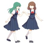  2girls blue_choker blue_skirt bow bowtie braid brown_hair choker covered_eyes from_side green_eyes green_hair highres holding_hands joyfull_(terrace) kneehighs kochiya_sanae loafers long_hair multiple_girls puffy_short_sleeves puffy_sleeves red_bow school_uniform shoes short_sleeves side_braid skirt smile socks touhou walking white_legwear 