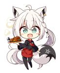  1girl 7:08 absurdres ahoge animal_ear_fluff animal_ears bangs black_legwear black_shirt blush braid chibi commentary_request earrings extra_ears eyebrows_visible_through_hair fang food fox_ears fox_girl fox_tail green_eyes hair_between_eyes highres holding holding_plate hololive jewelry long_hair looking_at_viewer neckerchief open_mouth pantyhose pentagram plate red_neckerchief red_skirt shirakami_fubuki shirt sidelocks simple_background single_braid skin_fang skirt solo tail very_long_hair virtual_youtuber waitress white_background white_hair 