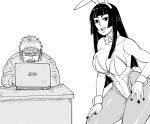  1boy 1girl artist_self-insert asus bb_(baalbuddy) black_hair breasts computer desk detached_collar facial_hair greyscale hand_on_hip hand_on_own_leg highres hime_cut laptop large_breasts long_hair looking_at_viewer monochrome original pantyhose playboy_bunny plunging_neckline simple_background sitting stubble white_background wrist_cuffs 