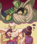  1girl 2boys :d ? baby before_and_after black_hair black_nails cape chi-chi_(dragon_ball) chinese_clothes closed_eyes closed_mouth colored_skin commentary_request dragon_ball dragon_ball_z fangs fingernails green_skin hair_bun heart highres holding_person imagining koukyouji long_hair mother_and_son multiple_boys open_mouth piccolo pointy_ears sharp_fingernails smile son_gohan spiky_hair tearing_up teeth thought_bubble turban white_cape 