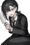  1girl bangs black_eyes black_hair black_jacket black_necktie black_pants black_suit chainsaw_man collared_shirt feet_out_of_frame hair_ornament hairclip higashiyama_kobeni highres holding holding_knife jacket knife looking_at_viewer mole mole_under_eye mole_under_mouth muuyiie necktie open_mouth pants scared shirt short_hair short_ponytail simple_background solo sweat swept_bangs tears white_background white_shirt 