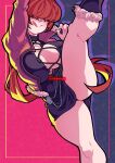  1girl breasts cottonwings fashion hair_over_eyes leg_lift midriff shermie_(kof) signature the_king_of_fighters the_king_of_fighters_xv tongue tongue_out 