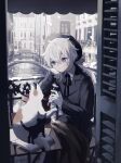  1boy androgynous balcony blue_eyes book cat city cityscape gloves hat head_rest highres journal long_sleeves looking_to_the_side namiki_itsuki original pale_skin pen river white_hair 