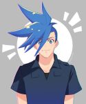  1boy 723_(tobi) blue_eyes blue_hair blush galo_thymos male_focus police police_uniform promare sidecut smile solo spiky_hair uniform upper_body 