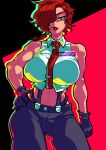  breasts cottonwings hair_over_one_eye hand_on_hip looking_at_viewer mature_female muscular muscular_female red_eyes redhead signature the_king_of_fighters vanessa_(kof) 