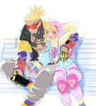  1boy 1girl abs apex_legends arm_around_shoulder bailian bandaid_on_stomach blonde_hair blue_eyes blue_hair blue_jacket blush bodysuit brown_eyes chain chest_tattoo cornrows crypto_(apex_legends) eyebrows_visible_through_hair gold_chain highres holding holding_tablet_pc hood hooded_jacket hype_beast_crypto jacket kawaii_voltage_wattson looking_at_viewer looking_down navel open_mouth pectorals pink_bodysuit pink_headwear scar scar_on_cheek scar_on_face smile sunglasses tablet_pc tattoo tied_hair wattson_(apex_legends) yellow_jacket 