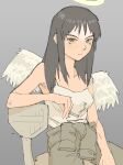  1girl absurdres black_hair blush brown_eyes camisole chair cigarette closed_mouth clothes_around_waist feathered_wings green_jacket haibane_renmei halo highres holding holding_cigarette jacket jacket_around_waist long_hair pantsu-ripper reki_(haibane) shirt simple_background sitting solo white_shirt wings 