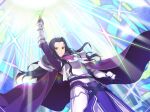  1girl arm_up armor armored_dress breastplate cape closed_mouth crown dress dutch_angle fanatio_synthesis_two faulds floating_hair from_below game_cg gloves hair_tubes holding holding_sword holding_weapon long_hair purple_cape purple_dress purple_gloves purple_hair shoulder_armor solo sword sword_art_online sword_art_online:_alicization_rising_steel very_long_hair weapon yellow_eyes 