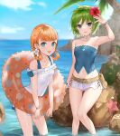  2girls adapted_costume annette_fantine_dominic bikini blue_eyes blue_sky breasts clouds collarbone covered_navel day eyebrows_visible_through_hair fire_emblem fire_emblem:_three_houses flower hair_flower hair_ornament haru_(nakajou-28) hibiscus innertube looking_at_viewer miniskirt multiple_girls navel nino_(fire_emblem) ocean one-piece_swimsuit open_mouth orange_hair outdoors palm_tree partially_submerged red_flower rock shore short_twintails skirt sky small_breasts smile strapless sunlight swimsuit tree twintails water white_bikini white_swimsuit wristband 