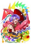  1girl aji082 arrow_(symbol) bamboo_print blush cup gold gold_coin japanese_clothes mallet merchandise needle open_mouth pink_eyes purple_hair red_eyes short_hair solo sukuna_shinmyoumaru touhou very_long_sleeves wave_print white_background 