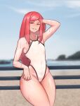  1girl arm_behind_head asymmetrical_bangs bangs blue_sky day geomim grin last_origin looking_at_viewer night_angel_(last_origin) one-piece_swimsuit outdoors red_eyes redhead sky smile solo swimsuit thick_thighs thighs wet white_swimsuit wide_hips 
