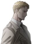  1boy alystair beige_jacket blonde_hair collared_shirt commentary_request cropped_shoulders expressionless facial_hair goatee looking_to_the_side male_focus marley_military_uniform mature_male necktie reiner_braun shingeki_no_kyojin shirt short_hair sideburns solo white_background yellow_eyes 