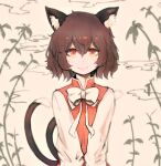  1girl animal_ear_fluff animal_ears bow bowtie brown_hair cat_ears cat_tail chen hair_between_eyes highres light_smile memmemme nekomata no_hat no_headwear red_eyes short_hair simple_background solo tail touhou upper_body white_background white_bow white_bowtie 