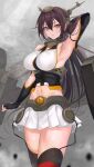  1girl arm_up armpits black_hair black_legwear breasts choker clothing_cutout collar detached_sleeves elbow_gloves fingerless_gloves gloves headgear highres kantai_collection large_breasts mexif nagato_(kancolle) navel navel_cutout red_eyes skirt solo thigh-highs thighs 