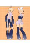  1boy 1girl bangs bare_shoulders belt black_legwear black_shorts black_sleeves blonde_hair blue_eyes bow closed_eyes clothing_cutout contrapposto crossed_arms d_futagosaikyou detached_sleeves from_behind full_body grey_shirt grid_background hair_bow hair_ornament hairclip headphones highres kagamine_len kagamine_len_(append) kagamine_rin kagamine_rin_(append) leg_warmers looking_away looking_to_the_side navel open_mouth orange_background pendant_choker shirt short_hair short_ponytail short_shorts shorts sleeveless sleeveless_shirt smile spiky_hair standing stomach_cutout swept_bangs treble_clef vocaloid vocaloid_append white_bow white_shorts 