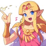  1girl armor bangs blonde_hair blue_eyes blunt_bangs eighth_note index_finger_raised long_hair looking_at_viewer metata musical_note open_mouth parted_bangs pauldrons pointy_ears princess_zelda shadow short_sleeves shoulder_armor smile solo super_smash_bros. the_legend_of_zelda upper_body 