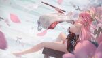  1girl arm_up bare_legs bare_shoulders barefoot blurry blurry_foreground breasts depth_of_field detached_sleeves dutch_angle genshin_impact hair_ornament highres holding japanese_clothes jay_xu lake large_breasts legs long_hair long_sleeves looking_up parted_lips petals pink_hair revealing_clothes sideboob sitting soaking_feet solo torii underbust very_long_hair violet_eyes water wide_sleeves yae_(genshin_impact) 