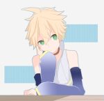  1boy arm_support bare_shoulders black_sleeves blonde_hair commentary d_futagosaikyou detached_sleeves expressionless green_eyes head_rest headphones high_collar kagamine_len kagamine_len_(append) shirt sideways_glance sitting sleeveless sleeveless_shirt solo spiky_hair upper_body vocaloid vocaloid_append white_shirt 