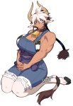  1girl animal_ears animal_print bell biceps body_fur breasts brown_eyes brown_hair cathyl cow_ears cow_girl cow_horns cow_print cow_tail cowbell facial_mark gengar hair_between_eyes horns large_breasts lilirulu monster_girl monster_musume_no_iru_nichijou multicolored_hair muscular muscular_female neck_bell overalls own_hands_together pokemon ponytail seiza simple_background sitting solo stuffed_toy tail transparent_background white_hair 