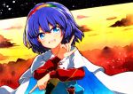 blue_eyes blue_hair cape cloak dress highres multicolored_clothes multicolored_dress multicolored_hairband orange_sleeves patchwork_clothes qqqrinkappp rainbow_gradient red_button short_hair sky_print tenkyuu_chimata touhou traditional_media two-sided_cape two-sided_fabric white_cape white_cloak yellow_sleeves zipper 