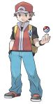  1boy absurdres backpack bag baggy_pants baseball_cap black_wristband blue_pants brown_eyes brown_hair closed_mouth frown full_body hand_in_pocket hat highres jacket male_focus official_art pants poke_ball poke_ball_(basic) pokemon pokemon_(game) pokemon_frlg red_(pokemon) red_headwear red_jacket shirt shoes short_hair sleeveless sleeveless_jacket solo spiky_hair sugimori_ken t-shirt transparent_background vs_seeker yellow_bag 