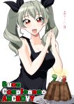  1girl :d anchovy_(girls_und_panzer) bangs birthday_cake black_dress black_ribbon cake character_name commentary dated dress drill_hair eyebrows_visible_through_hair food girls_und_panzer green_hair hair_ribbon happy_birthday highres ichijou_takakiyo italian_text long_hair looking_at_viewer open_mouth own_hands_together red_eyes ribbon simple_background sleeveless sleeveless_dress smile solo translated twin_drills twintails white_background 