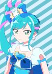  1girl :d blue_bow blue_hair blush bow brooch cure_spicy delicious_party_precure detached_collar earrings fuwa_kokone gloves green_eyes hair_bow hair_ornament hair_rings heart heart_brooch highres jewelry long_hair looking_at_viewer magical_girl multicolored_hair open_mouth pink_hair pokka_(pixiv51459800) ponytail precure puffy_sleeves smile solo two-tone_hair upper_body white_gloves 
