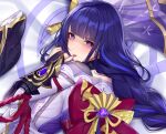  1girl blush braid breasts bridal_gauntlets dakimakura_(medium) eyebrows_visible_through_hair genshin_impact hair_ornament japanese_clothes kimono large_breasts looking_at_viewer looking_back purple_hair purple_kimono raiden_shogun shaded_face violet_eyes wu_ganlan_cai 