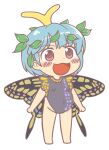  1girl anonymous_(japanese) antennae aqua_hair barefoot black_leotard blush blush_stickers brown_eyes butterfly_wings eternity_larva eyebrows_visible_through_hair fairy full_body groin gyate_gyate jaggy_lines leaf leaf_on_head leotard open_mouth short_hair short_sleeves smile solo touhou transparent_background wings 