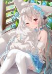  1girl absurdres animal_ears bare_shoulders blonde_hair blue_bow blue_skirt blush bow eyebrows_visible_through_hair feet_out_of_frame flower grey_hair hair_bow hair_ribbon highres looking_at_viewer matcha_(user_yyss8744) one_eye_closed original outdoors red_eyes ribbon sakurada_shiro silver_hair skirt solo tail thigh-highs thighs twintails white_legwear 