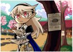  1girl black_hairband blue_cape blue_sky boulder cape cherry_blossoms clouds commission corrin_(fire_emblem) corrin_(fire_emblem)_(female) fence fire_emblem fire_emblem_fates frown grass hairband long_hair looking_at_viewer missing_poster mountain pet_rock platinum_blonde_hair pointy_ears red_eyes sad setz sky slit_pupils teardrop tree 