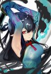  1girl ao_oni_(onioni-aoi) arknights armpits arms_up black_hair blue_dress blue_hair blue_skin breasts bright_pupils colored_skin dragon_horns dress dusk_(arknights) dusk_(everything_is_a_miracle)_(arknights) gradient_skin hair_over_one_eye highres holding holding_sword holding_weapon horns ink looking_at_viewer medium_breasts multicolored_hair official_alternate_costume parted_lips red_eyes sleeveless sleeveless_dress solo streaked_hair sword two-tone_hair weapon 