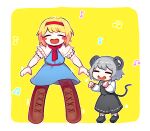  2girls alice_margatroid animal_ears bangs black_footwear blonde_hair blue_dress blush_stickers boots brown_footwear capelet clenched_hand closed_eyes commentary_request cookie_(touhou) dress eyebrows_visible_through_hair full_body grey_hair grey_skirt grey_vest hairband highres hita_(hizokuseikogeki) ichigo_(cookie) long_sleeves mouse_ears mouse_girl mouse_tail multiple_girls musical_note nazrin necktie nyon_(cookie) open_mouth puffy_short_sleeves puffy_sleeves red_hairband red_necktie shirt shoes short_hair short_sleeves skirt smile socks tail thigh-highs thigh_boots touhou vest white_capelet white_legwear white_shirt 