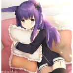  animal_ears arknights bangs black_bow black_jacket black_legwear blue_eyes blush bow closed_mouth couch eyebrows_visible_through_hair frilled_pillow frills hair_bow jacket long_hair long_sleeves looking_at_viewer object_hug on_couch pillow pillow_hug purple_hair rabbit_ears rope_(arknights) thigh-highs toufu_mentaru_zabuton twitter_username very_long_hair 