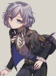  1boy androgynous blue_eyes bow epel_felmier expressionless formal highres kenpin long_sleeves looking_at_viewer pale_skin pants purple_hair ribbon school_uniform solo suit twisted_wonderland 